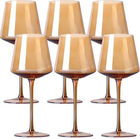 Physkoa Amber Wine Glasses Set of 6-16oz Hand-Blown Amber Wine Glass with Long Stem Unique Red&White Wine Glasses For Party Home Bar Christmas
