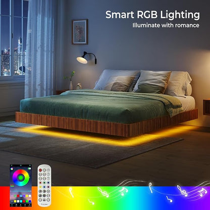 Tatub Walnut King Floating Bed Frame with LED Lights, Fluted Mid Century Modern Floating Platform Bed with Heavy Duty Metal Slats, No Box Spring Needed