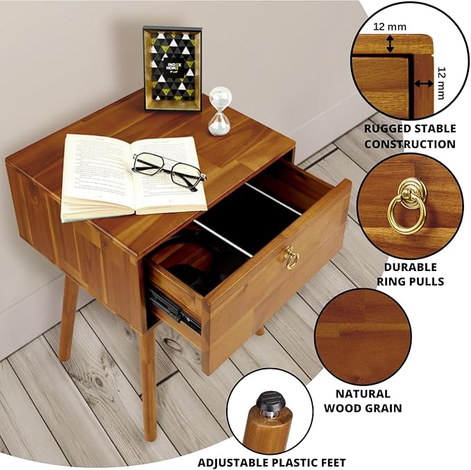 Bme Alden Solid Wood Bedside Table End Table with 1 Drawer for Mid Century Bedroom and Living Room, Caramel