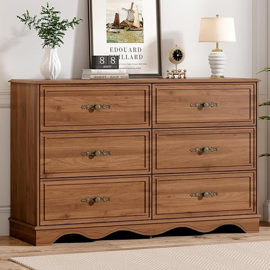 Mid Century Modern 6 Drawers Dresser for Bedroom 47" Wide Wood Rustic Chest of Drawers, Brownish