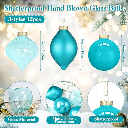 Zomiboo 12 Pcs Turquoise Green Glass Christmas Ball Ornaments Set 3.15" Hanging Shatterproof Glass Bulbs for Christmas Tree Baubles Bulk for Holiday Xmas Tree Decorations Gifts