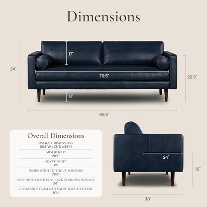 Poly & Bark Napa Leather Couch - 88.5-Inch Office Sofa with 2 Bolsters - Full-Grain Leather Sofa for Living Room with Feather-Down Topper - Living Room Couch - Vintage Italian Leather in Midnight Blue