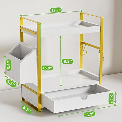 2-Tier Bathroom Counter Organizer with Drawer and Basket, Wood Countertop Organizer for Storage, Skincare Organizers for Vanity, Counter Shelf for Bathroom Organization(White-gold)