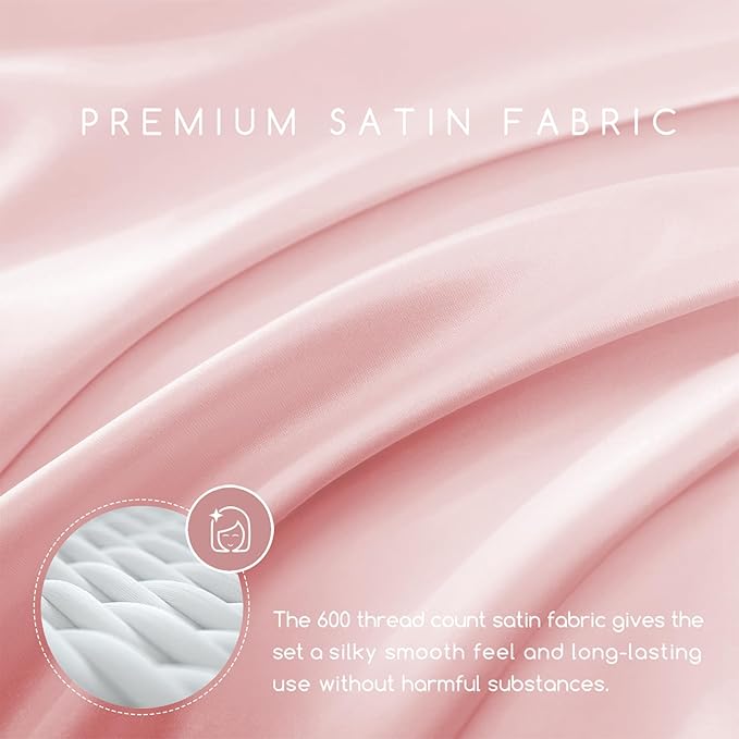 MR&HM Satin Bed Sheets, Queen Size Sheets Set, 4 Pcs Silky Bedding Set with 15 Inches Deep Pocket for Mattress (Queen, Light Pink)