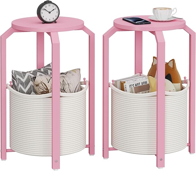 TUTOTAK Small Side Table, Round End Table, Night Stand, Bedside Table, Set of 2, Sofa Table with Storage Basket, Living Room, Bed Room, Pink TB01BP0922