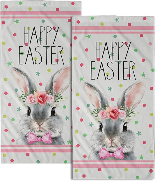 Easter Rabbit Hand Towels 2 Pack Pink Mrs Rabbit Decorative Holiday Fingertip Towels Soft Absorbent Kitchen 14x28