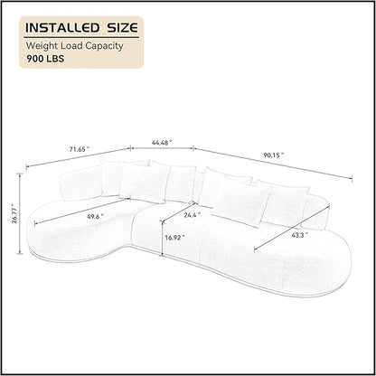 WILLIAMSPACE 134.63" Oversize Curved Sofa Cloud Couch with Round Chaise, Modern Upholstered Curved Sectional Sofa Couch with 6 Pillows for Living Room, No Assembly (Left-Facing,Cream White)