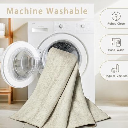 Washable Rugs 9x12 Area Rugs for Living Room,Rugs for Bedroom, Large Carpets,Ultra Soft Faux Wool Retro Dining Room Rug,Non Slip&Non-Shedding Low Pile Vintage Print Rug Indoor for Home Office