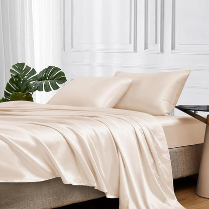 MR&HM Satin Bed Sheets, Twin Size Sheets Set, 3 Pcs Silky Bedding Set with 15 Inches Deep Pocket for Mattress (Twin, Beige)