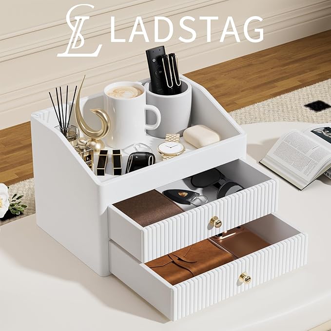 Desk Organizer,Beige White Vegan Leather Desk Accessories & Workspace Organizers with 2 Drawers Key Holder with Gold-Tone Metal Accents knob，Jewelry Box,Nightstand