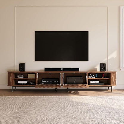 POVISON Fully-Assembled Sliding Tambour Door TV Stand, Mid Century Modern TV Console, Wood Media Console, Entertainment Center with Storage Cabinet (Walnut, 118.11")