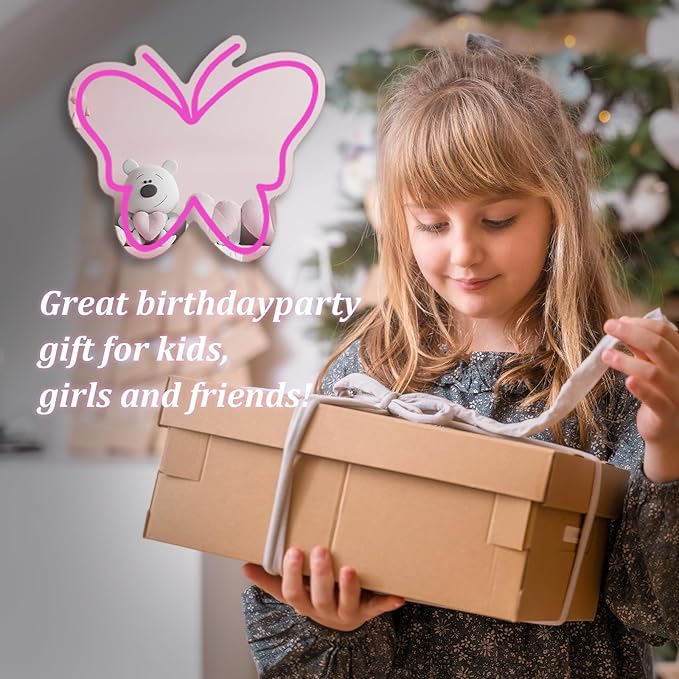 Butterfly Mirror Neon Sign Dimmable USB LED Neon Lights for Ideal Home Decor for Bedroom, Kidsroom, Living Room Parties, Christmas Birthdays Gifts for Girls Women, Boho Mirror Wall Sign Art Gift-pink