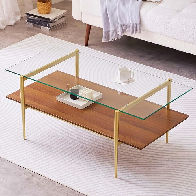 Rectangle Coffee Table, Mid-Century Modern Design, L41 W21 x H17, for Living Room, 2-Tier Structure, Clear Glass Top and Walnut MDF Shelf, Sleek Conical Metal Legs with Gold Finish