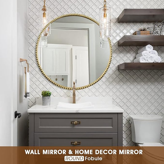 Round Bathroom Wall Mirror, 28"x28" Antique Gold Metal Beaded Frame Vanity Mirror, Wall Mounted Large Circle Makeup Mirror for Bedroom, Living Room, Entryway