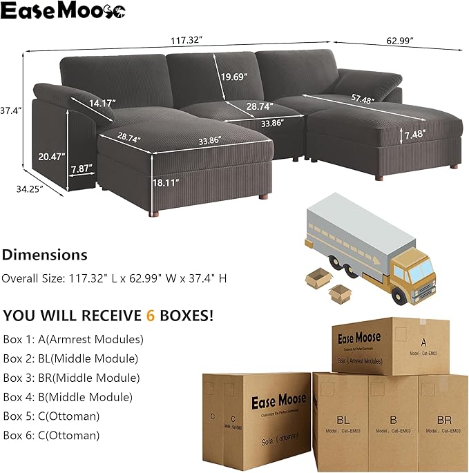 EASE MOOSE Oversized Modular Sectional Sofa, Extra Large L Shape Sectional Cloud Couch,Comfty Deep Modular Sofa with Ottoman for Living Room