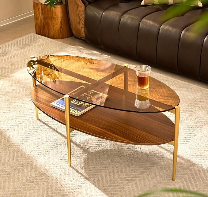 AGV LIGHTING Oval Coffee Table, Mid-Century Modern Coffee Table, Glass Coffee Table, Glod Finish Legs, Amber Brown Glass Top with Walnut MDF Shelf