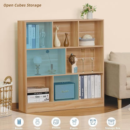LEYAOYAO 8 Cube Bookshelf with Base,3 Tier Mid-Century Modern Natural Bookcase,Standing Wide Bookshelves Storage Organizer Shelf,Rustic Wood Display Cabinet Book Shelves for Bedroom,Living Room,Office