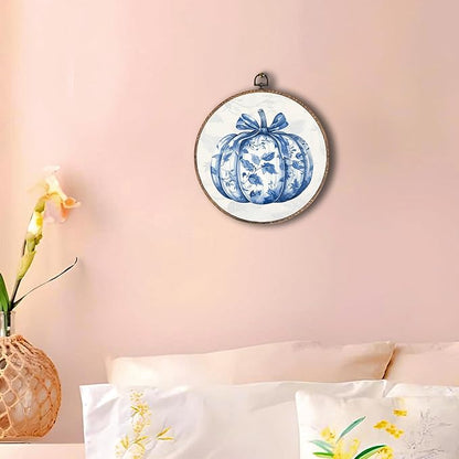 Hxlac Chinoiserie Pumpkin Fall Round Wall Art Framed, Blue and White Porcelain Pumpkin Round Wall Decor, Autumn Halloween Hanging Canvas Prints Wall Sculptures for Home Room Decor, 10x10 Inch