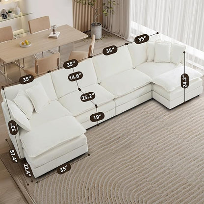 SoarFlash Chenille Sectional Sofa, Comfy L/U Shaped Modular Coush Sofa with Ottoman, Modern 4 Seat Couch Deep Seat Sofa Set for Living Room,White