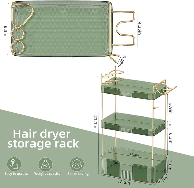 3 Tier Bathroom Organizer Countertop Makeup Perfume Skincare Organizer Comes with Hair Dryer Rack and Toothbrush Holder for Bathroom Dresser Vanity (Green)