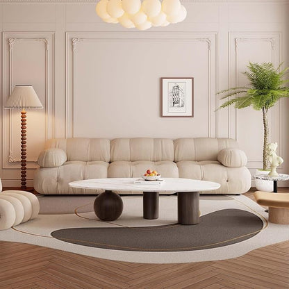 Small Oval Coffee Table, Mid Century Vintage Coffee Table for Living Room White Center Minimalist End Table with Marble Top and Wooden Finished Metal Base