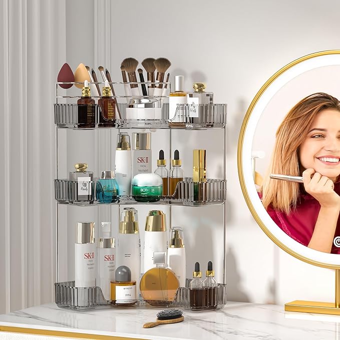 SUNZOS Modern 3-Tier Bathroom Organizer, Corner Makeup Storage with Brush Holder, Acrylic Vanity Organizer, Large Capacity Countertop Organizer for Kitchen, Dresser, Gray