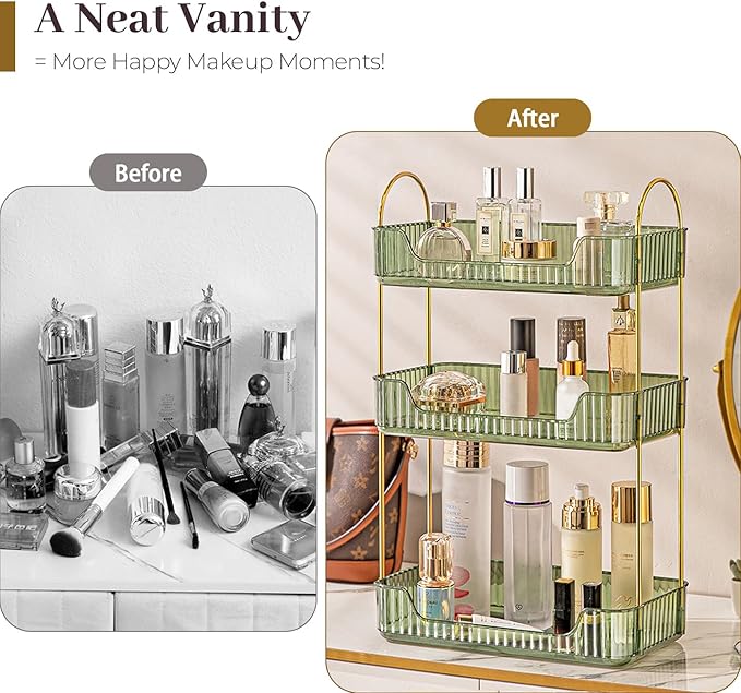 Aveniee Bathroom Counter Organizer, 3 Tier Perfume Skin Care Countertop Storage Shelf, Vanity Makeup Tray for Cosmetic Skincare Lotion,Green