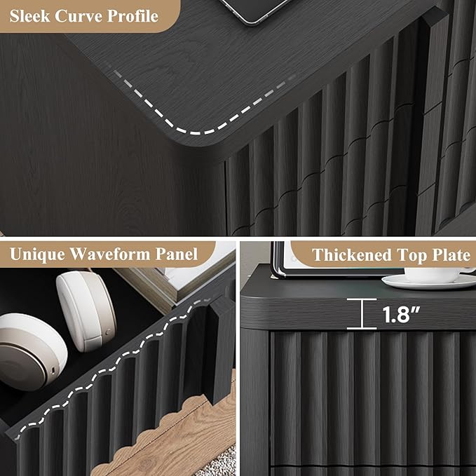 Fluted Nightstand with Charging Station, 23.6" Night Stand with Solid Wood Handle, Mid Century Moden Bedside Table End Table 3 Drawer Dresser for Bedroom, Living Room, Black