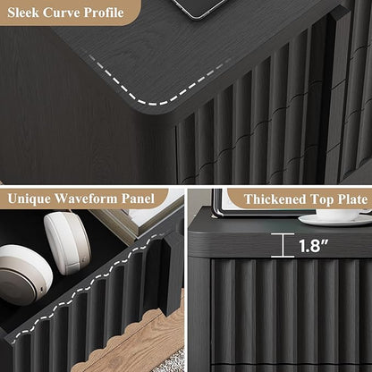 Fluted Nightstand Set of 2 with Charging Station, 23.6" Wood Bedside Table with Solid Wood Handle, Mid Century Moden End Table, 3 Drawer Dresser for Bedroom, Living Room, Black