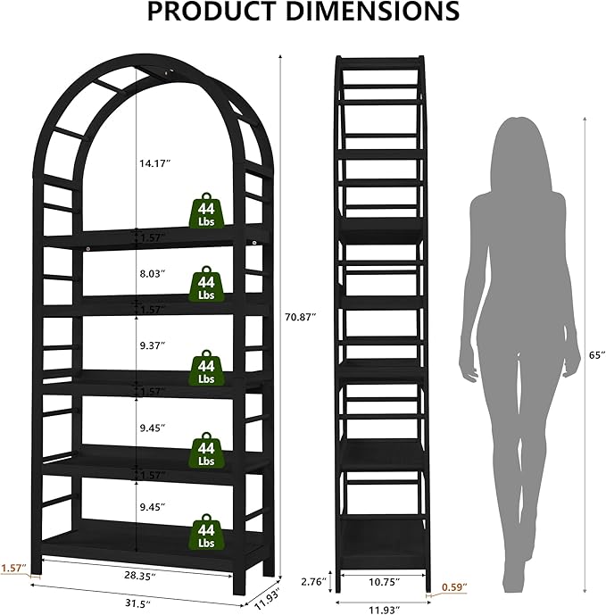 5-Tier Solid Wood Open Bookcase, Modern Arched Bookshelf, Home Office Shelf Storage Organizer, Storage Display Rack Shelf for Living Room (Black)