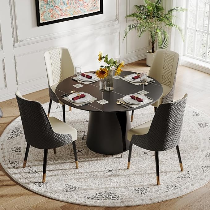 POVISON 47" Round Dining Table for 4, Modern Dining Table Round, Matte Black Sintered Stone Tabletop with Black Carbon Steel Pedestal (Dining Room Table Only)