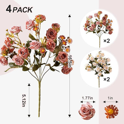 Artificial Flowers for Outdoor 4 Bundles Rose Bouquet with Daisy Faux Flowers UV Resistant for Home Indoor Outside Garden Porch Window Box Balcony Yard Porch Decor (White+Brown)
