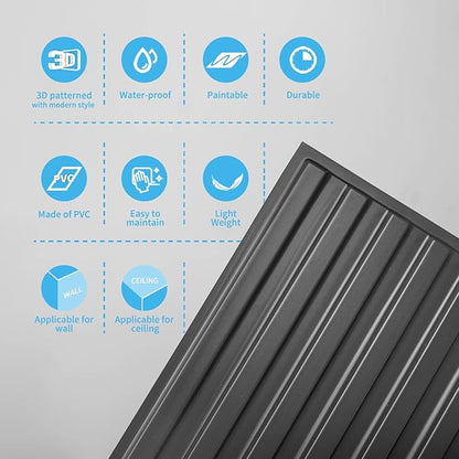 Art3d 6-Pack Slat Design 3D Wall Panels for Interior Wall Decor, 2x4 FT PVC Decorative Drop Ceiling Tiles - Black