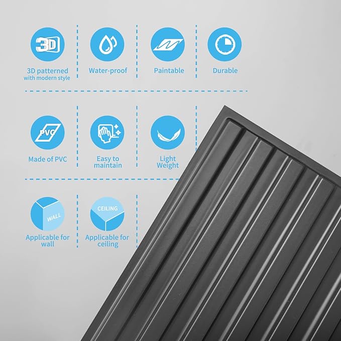 Art3d 12-Pack Slat Design 3D Wall Panels for Interior Wall Decor, 2x4 FT PVC Decorative Drop Ceiling Tiles - Black