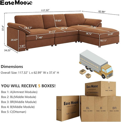 EASE MOOSE Brown Sectional Modular Sofa，Oversized L Shape Sectional Couch Wide Deep Modular Sofa Brown Couch