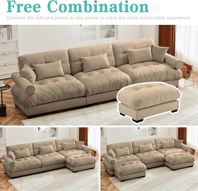 SoarFlash 130” Sectional Sofa 3 Seat Couch, L Shaped Modern Sofa with Solid Wood Legs, Couches Sofas for Living Room Apartment, Comfortable Small Couches for Small Spaces, Brown