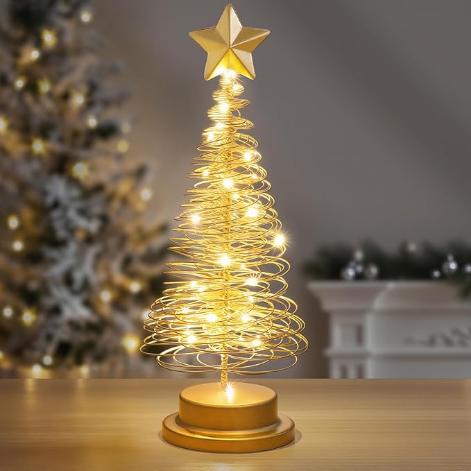 Lewondr Christmas Tree Light, 13 Inch Spiral Christmas Tree Desk Decorative Light, Battery Powered Star Table Lamp with Metal Stand Home Bedroom Decor Xmas Ornament, Gold