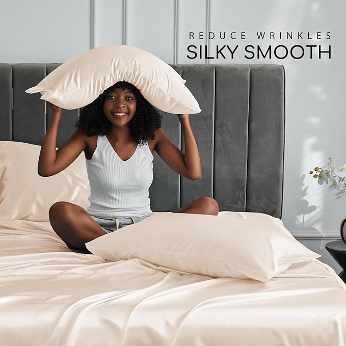 MR&HM Satin Bed Sheets, Twin XL Size Sheets Set, 3 Pcs Silky Bedding Set with 15 Inches Deep Pocket for Mattress (Twin XL, Beige)