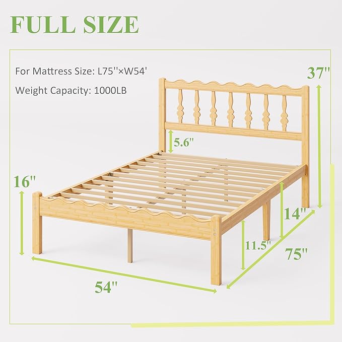 ZIYOO Solid Bamboo Wood Full Size Bed Frame with Headboard, 14 inch Platform Bed Frames Full No Box Spring Needed with Steel Slats, Sturdy and Stable, Easy Assembly, Noise Free