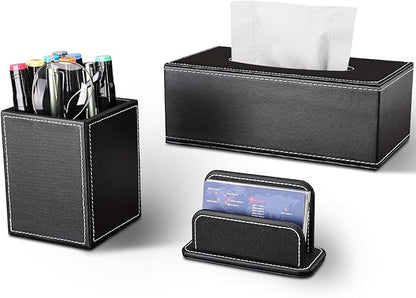 KINGFOM 3PCS/SET Desk Organizers and Accessories, Pu Leather Office Supplies Organization Set with Tissue Holder, Pencil Holder and Business Name Cards Stand Black