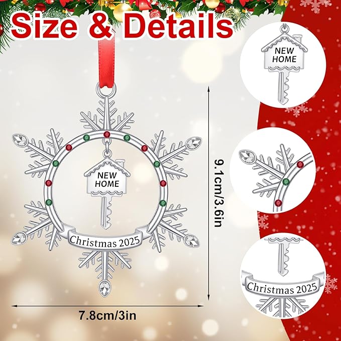 New Home Christmas Ornament 2025, First Christmas in New Home Snowflake Ornament with Key Design, Housewarming Gift for New Homeowners, Metal Xmas Tree Decoration Keepsake