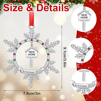 New Home Christmas Ornament 2025, First Christmas in New Home Snowflake Ornament with Key Design, Housewarming Gift for New Homeowners, Metal Xmas Tree Decoration Keepsake