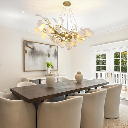 Modern Gold and White Tree Branch Chandeliers for Dining Room,36" Rectangle Ceramic Ginkgo Leaf Chandelier, Dining Chandelier,Linear Chandeliers for Dining Room, Living,Kitchen
