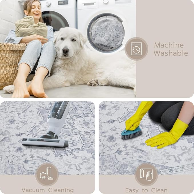 Area Rug 6x9 Washable Area Rugs for Living Room- Ultra Soft Non-Shedding Faux Wool Bedroom Rug Large Grey Vintage Print Rugs with Non Slip Rubber- Indoor Retro Foldable Carpet for Dining Room