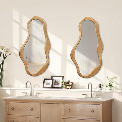 LuxenHome Asymmetrical Wall Mirror, 22"x 39" Natural Irregular Mirror for Wall Decor with Wood Frame, Wall Mirrors Decorative for Living Room, Bathroom, Bedroom, Dining Room, Entryway