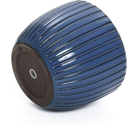 LuxenHome 11" Dia Ceramic Pots for Indoor Plants, Outdoor Large Planters with Drainage Holes and Rubber Plug, Modern Decorative Glazed Flower Pots, Blue Ribbed Round Planters for Home Garden Patio
