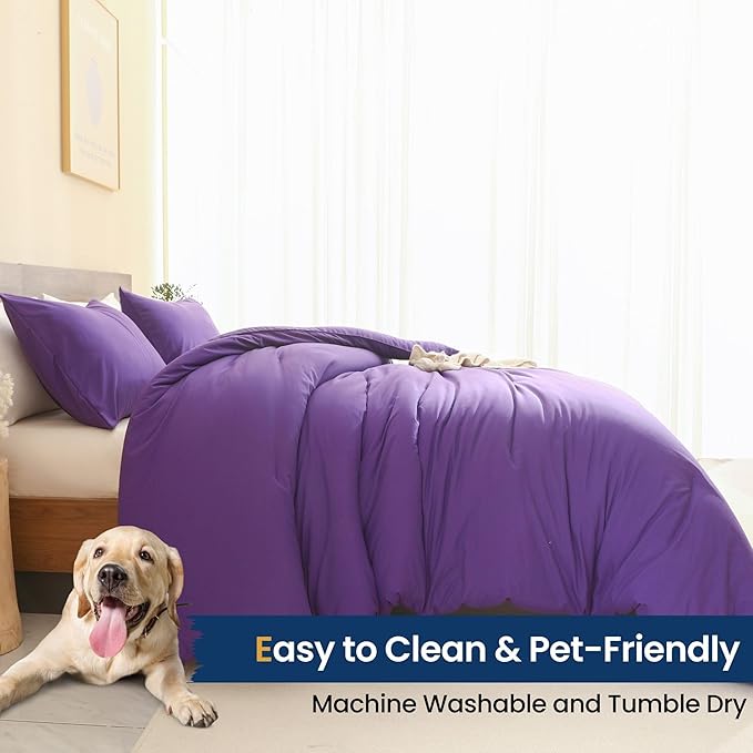 Paxrac Dreamy Purple Comforter Set Full Size, 3 Pieces Romantic Style Comforter Set, Lightweight Solid Bedding Set, All Seasons Soft Fluffy Full Bed Set (80x90In Comforter & 2 Pillowcases)