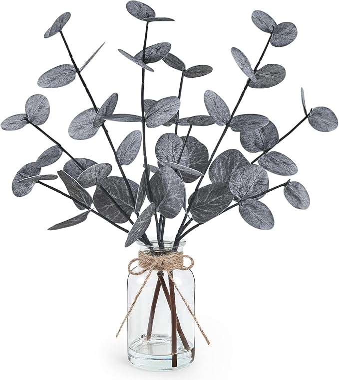 Artificial Eucalyptus Stems in Glass Vase with Faux Water, 14" Fake Plants for Home Decor, Centerpieces, Office, Bathroom & Farmhouse Weddings - Faux Plants Decorations