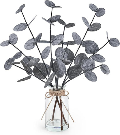 Artificial Eucalyptus Stems in Glass Vase with Faux Water, 14" Fake Plants for Home Decor, Centerpieces, Office, Bathroom & Farmhouse Weddings - Faux Plants Decorations