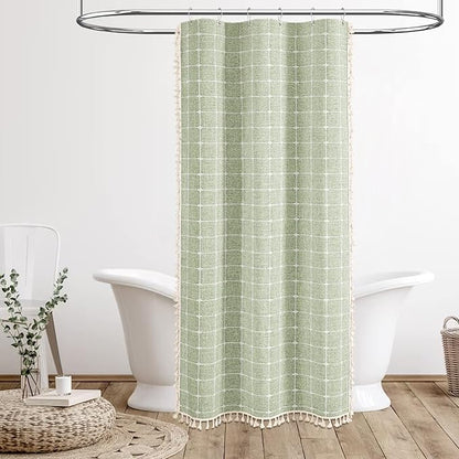 BTTN Boho Shower Stall Curtain - 36x72 Narrow Linen Ultra Thick Tassel Fabric Shower Curtain Set with 6 Plastic Hooks, Half Modern Farmhouse Country Weighted Shower Curtains for Bathroom - Sage Green